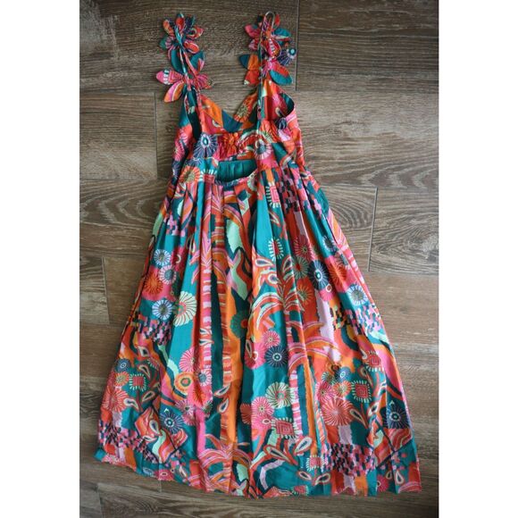 Farm Rio x Anthropologie Women's Sz XXS Multi Pleated Palm Midi Dress - Picture 11 of 16